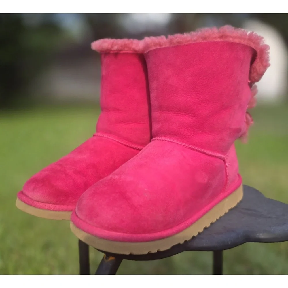 UGG Kids Bailey Bow II Pink Suede Shearling Boots Girls